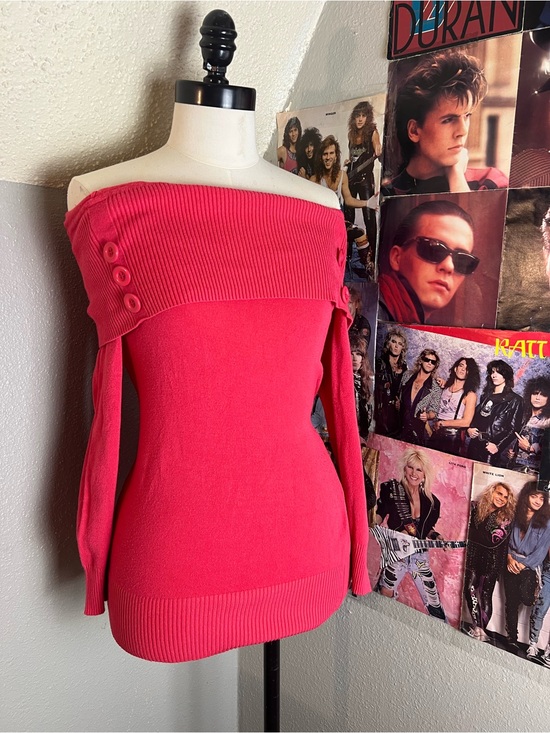 Say What? Sweaters - Say What? Hot Pink Off-The-Shoulder Button Accent Sweater
